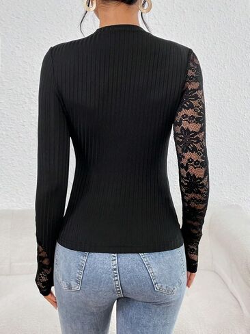 MakeMeChic Women's Floral Lace Long Sleeve Mock Neck Rib Knitted Asymmetrical Tee Shirt Tops in Saudi Arabia
