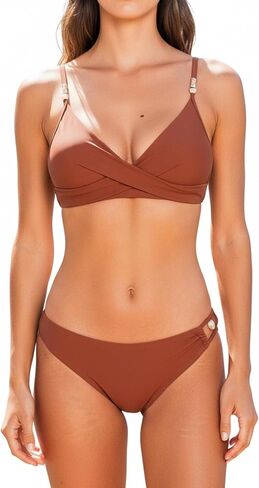 CUPSHE Women's Bikini Sets Two Piece Swimsuit with Bead V Neck Wrapped Front Bathing Suit Mid Rise Back Hook in Saudi Arabia