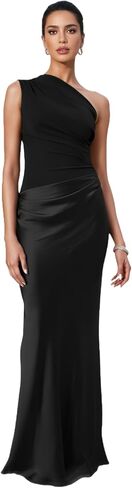 Women’s Elegant One Shoulder Maxi Dress Satin Ruched Bodycon Wedding Guest Dress Flowy Cocktail Evening Dresses in Saudi Arabia