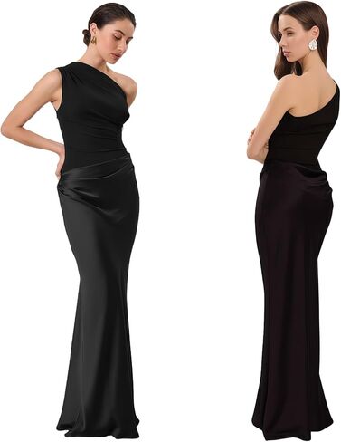 Women’s Elegant One Shoulder Maxi Dress Satin Ruched Bodycon Wedding Guest Dress Flowy Cocktail Evening Dresses in Saudi Arabia