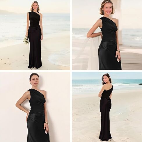 Women’s Elegant One Shoulder Maxi Dress Satin Ruched Bodycon Wedding Guest Dress Flowy Cocktail Evening Dresses in Saudi Arabia
