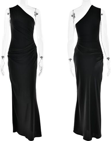 Women’s Elegant One Shoulder Maxi Dress Satin Ruched Bodycon Wedding Guest Dress Flowy Cocktail Evening Dresses in Saudi Arabia