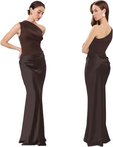 Women’s Elegant One Shoulder Maxi Dress Satin Ruched Bodycon Wedding Guest Dress Flowy Cocktail Evening Dresses in Saudi Arabia