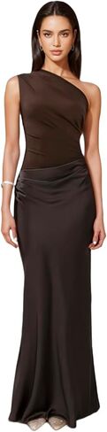 Women’s Elegant One Shoulder Maxi Dress Satin Ruched Bodycon Wedding Guest Dress Flowy Cocktail Evening Dresses in Saudi Arabia