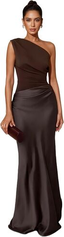 Women’s Elegant One Shoulder Maxi Dress Satin Ruched Bodycon Wedding Guest Dress Flowy Cocktail Evening Dresses in Saudi Arabia