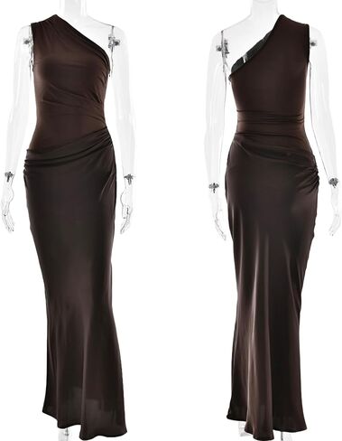 Women’s Elegant One Shoulder Maxi Dress Satin Ruched Bodycon Wedding Guest Dress Flowy Cocktail Evening Dresses in Saudi Arabia
