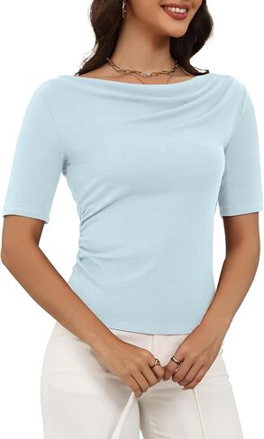 Women's Cowl Neck Half Sleeve Top Flowy Lyocell Summer Casual Tunic Tops Slim Fit Dressy T-Shirts in Saudi Arabia