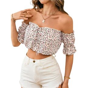 SweatyRocks Women's Ditsy Floral Off The Shoulder Crop Top Ruffle Puff Sleeve Tie Front Blouse Tops in Kuwait