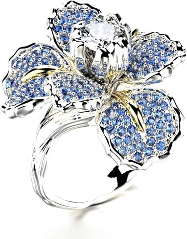HSQYJ Fashion Crystal Flower Ring Elegant Rhinestone Cocktail Statement Rings Uniquely Stylish Fashion Creative Engagement Jewelry for Women Silver Plated in Saudi Arabia