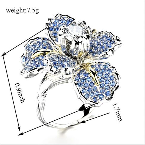 HSQYJ Fashion Crystal Flower Ring Elegant Rhinestone Cocktail Statement Rings Uniquely Stylish Fashion Creative Engagement Jewelry for Women Silver Plated in Saudi Arabia