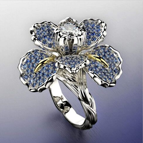 HSQYJ Fashion Crystal Flower Ring Elegant Rhinestone Cocktail Statement Rings Uniquely Stylish Fashion Creative Engagement Jewelry for Women Silver Plated in Saudi Arabia