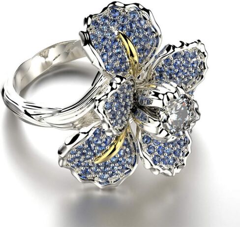 HSQYJ Fashion Crystal Flower Ring Elegant Rhinestone Cocktail Statement Rings Uniquely Stylish Fashion Creative Engagement Jewelry for Women Silver Plated in Saudi Arabia