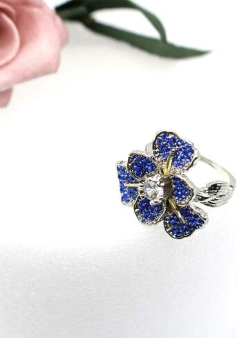 HSQYJ Fashion Crystal Flower Ring Elegant Rhinestone Cocktail Statement Rings Uniquely Stylish Fashion Creative Engagement Jewelry for Women Silver Plated in Saudi Arabia