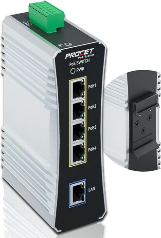 Procet Gigabit PoE Switch 4-Port Din Rail، 90W / Port، محول إيثرنت POE ++ صناعي مع درجة حرارة واسعة -40 درجة فهرنهايت إلى 149 درجة فهرنهايت، دفعة، مدخل تيار مستمر 12-57 فولت، IEEE802.3af/802.3at/802.3bt، PT- PIS4PB1T-E in Saudi Arabia
