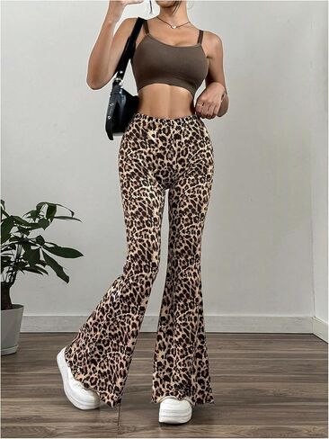 بنطلون نسائي من GORGLITTER Y2k ليوبارد سكيني بخصر مطاطي وساق واسعة بنطال الفهد in Kuwait