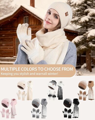 AWAYTR Winter Hat Gloves Scarf Set for Women, 3 Pcs Knit Beanie Touchscreen Gloves Long Scarf Cold Weather Set in Saudi Arabia