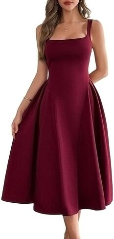 Wellwits Women's Wide Strap Square Neck Pleated Vintage Cocktail Formal Dress in Saudi Arabia