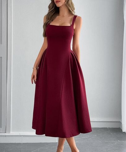 Wellwits Women's Wide Strap Square Neck Pleated Vintage Cocktail Formal Dress in Saudi Arabia
