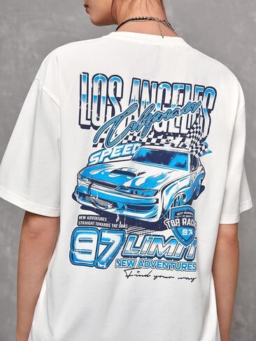 1pc Car & Letter Graphic Tee (Color : White, Size : Medium) in Saudi Arabia