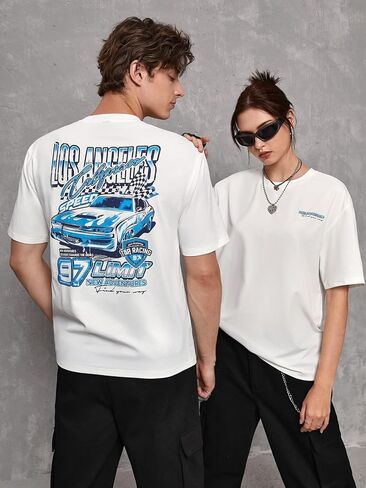 1pc Car & Letter Graphic Tee (Color : White, Size : Medium) in Saudi Arabia