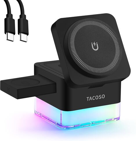 Wireless-Charger|15W Charging-Station-Cube 3 in 1 Magnetic Charger Stand for Apple LED Lamp Foldable Charging Dock for iPhone 16/15/14/13/12/AirPods/Apple Watch, White(No Adapter) in Saudi Arabia