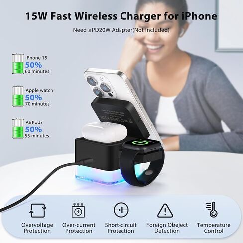 Wireless-Charger|15W Charging-Station-Cube 3 in 1 Magnetic Charger Stand for Apple LED Lamp Foldable Charging Dock for iPhone 16/15/14/13/12/AirPods/Apple Watch, White(No Adapter) in Saudi Arabia