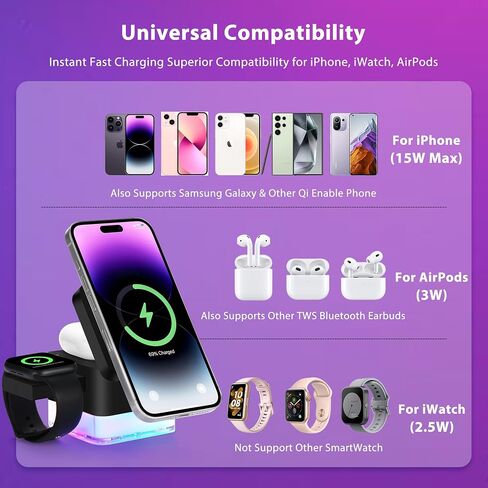 Wireless-Charger|15W Charging-Station-Cube 3 in 1 Magnetic Charger Stand for Apple LED Lamp Foldable Charging Dock for iPhone 16/15/14/13/12/AirPods/Apple Watch, White(No Adapter) in Saudi Arabia