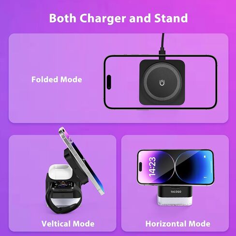 Wireless-Charger|15W Charging-Station-Cube 3 in 1 Magnetic Charger Stand for Apple LED Lamp Foldable Charging Dock for iPhone 16/15/14/13/12/AirPods/Apple Watch, White(No Adapter) in Saudi Arabia