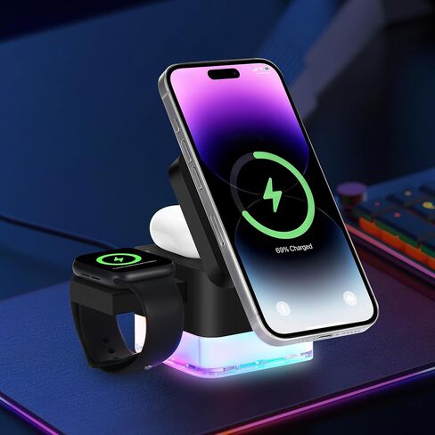 Wireless-Charger|15W Charging-Station-Cube 3 in 1 Magnetic Charger Stand for Apple LED Lamp Foldable Charging Dock for iPhone 16/15/14/13/12/AirPods/Apple Watch, White(No Adapter) in Saudi Arabia