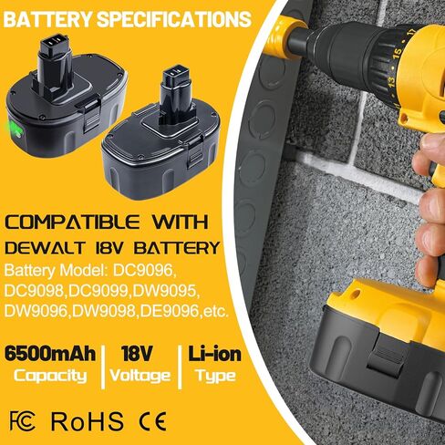 6.5Ah DC9096 DC9098 Battery Replacement for Dewalt 18V XPR Battery Compatible with DC9099 DE9039 DE9095 DE9096 DE9098 DW9095 DW9096 DW9098 DE9503 (2Pack) in Kuwait