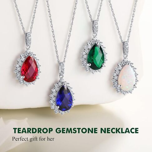925 Sterling Silver Teardrop Necklace for Women Huge Created Gemstone Solitaire Halo Pendant Pear Cut Birthstone Necklace in Saudi Arabia