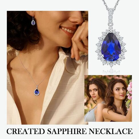 925 Sterling Silver Teardrop Necklace for Women Huge Created Gemstone Solitaire Halo Pendant Pear Cut Birthstone Necklace in Saudi Arabia