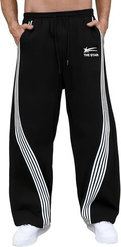 QJQ Men's Wide Leg Baggy Sweatpants Vintage Y2K Striped Track Pants with Pockets Casual Streetwear in Kuwait