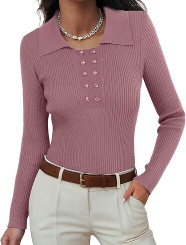 Ninee Womens Long Sleeve Pullover Sweaters Casual Lapel Crew Neck Button Down Tops Trendy Fall Knit Slim Fit Shirts in Saudi Arabia