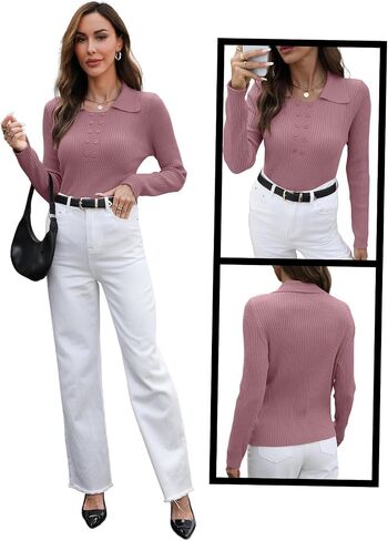 Ninee Womens Long Sleeve Pullover Sweaters Casual Lapel Crew Neck Button Down Tops Trendy Fall Knit Slim Fit Shirts in Saudi Arabia