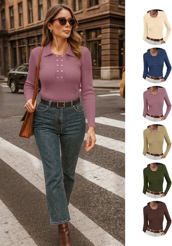 Ninee Womens Long Sleeve Pullover Sweaters Casual Lapel Crew Neck Button Down Tops Trendy Fall Knit Slim Fit Shirts in Saudi Arabia