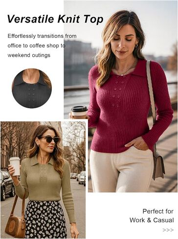 Ninee Womens Long Sleeve Pullover Sweaters Casual Lapel Crew Neck Button Down Tops Trendy Fall Knit Slim Fit Shirts in Saudi Arabia