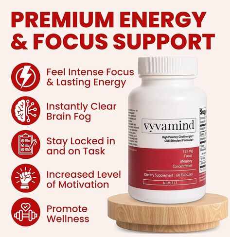مكمل دعم الدماغ Vyvamind Nootropics لتعزيز التركيز وطاقة العمل المزدوج - تعزيز معرفي سريع المفعول للوضوح العقلي والتحفيز والهدوء، حل لضباب الدماغ، 60 كبسولة (NSV-313) in Saudi Arabia