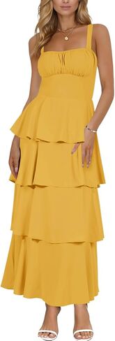 فستان نسائي طويل صيفي من Wenrine بحزام سباغيتي بدون أكمام وربطة عنق من الخلف فساتين كاجوال بطبقات متدرجة in Kuwait
