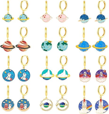 WCRAZYE 12 Pairs Planet Hoop Earrings for Women Creative Cartoon Solar System Rocket Earth Space Ship Astronauts Moon Saturn Dangle Drop Earrings Space Lover Gift Sci-Fi Jewelry in Saudi Arabia