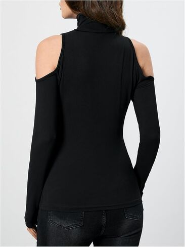 Women's Turtleneck Cut Out Cold Shoulder Tee Tops Long Sleeve Slim Fit Casual Basic T Shirt in Saudi Arabia