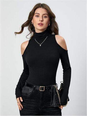 Women's Turtleneck Cut Out Cold Shoulder Tee Tops Long Sleeve Slim Fit Casual Basic T Shirt in Saudi Arabia