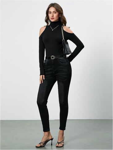 Women's Turtleneck Cut Out Cold Shoulder Tee Tops Long Sleeve Slim Fit Casual Basic T Shirt in Saudi Arabia