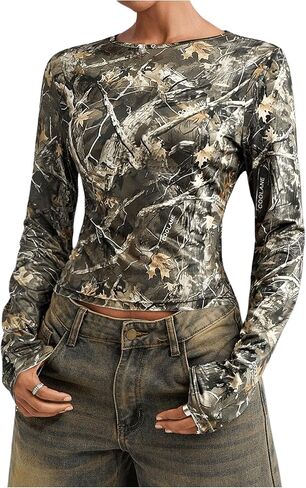 WDIRARA Women's Camo Long Sleeve T Shirt Camouflage Graphic Y2k Streetwear Tops in Saudi Arabia