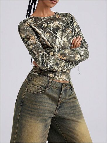 WDIRARA Women's Camo Long Sleeve T Shirt Camouflage Graphic Y2k Streetwear Tops in Saudi Arabia