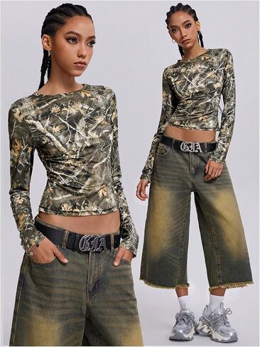 WDIRARA Women's Camo Long Sleeve T Shirt Camouflage Graphic Y2k Streetwear Tops in Saudi Arabia
