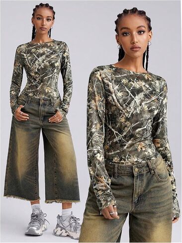 WDIRARA Women's Camo Long Sleeve T Shirt Camouflage Graphic Y2k Streetwear Tops in Saudi Arabia