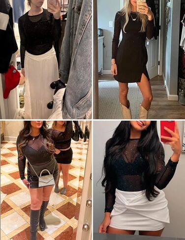 Women Sparkly Mesh Long Sleeve Top Sheer Lace Undershirts Mock Neck Tee Shirt Concert Nashville Trendy Outfit S-2XL in Saudi Arabia