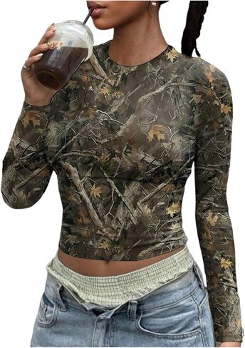 WDIRARA Women's Camo Long Sleeve T Shirt Camouflage Graphic Y2k Streetwear Tops in Saudi Arabia