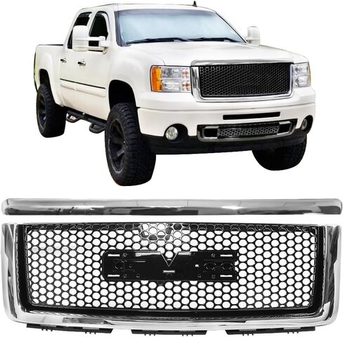 Front Hood Molding Trim & Upper Grille Compatible With 2007-2013 GMC Sierra 1500 Denali Mesh Style Glossy Black by IKON MOTORSPORTS, 2008 2009 2010 2011 2012 in Saudi Arabia